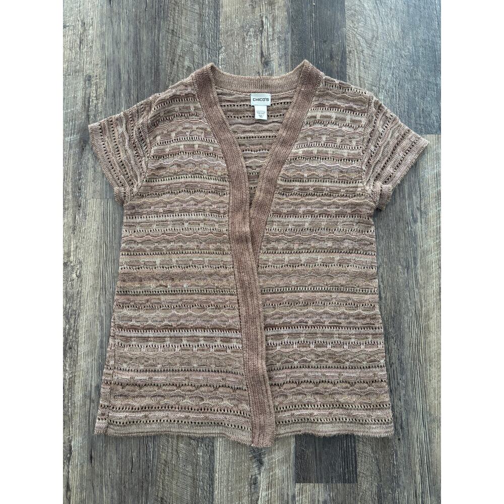 Chicos Size 1 Medium Tan Brown Crochet Knit Open Front Cardigan Short Sleeve USA